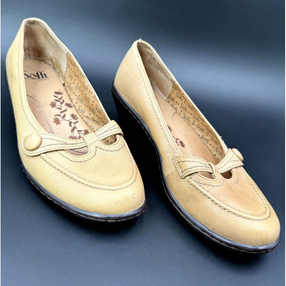 Sofft Womens Shoes 6.5W Leather Slip On‎ Block Heel Loafers Beige Cute Casual